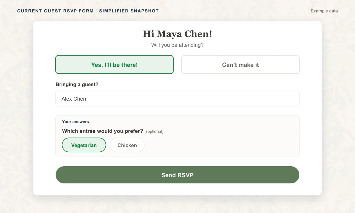 Simplified Strawberry Invites RSVP form for Maya Chen, with attending selected, a guest name, and an optional vegetarian meal choice.